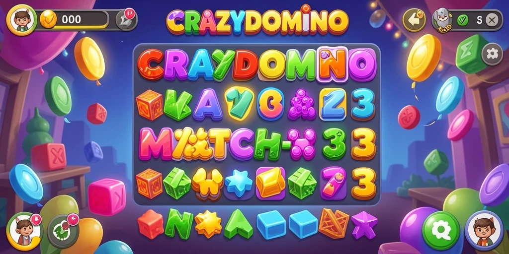 Screenshot utama menunjukkan gameplay seru dari <strong>CRAZYDOMINO</strong> saat mencocokkan ubin.