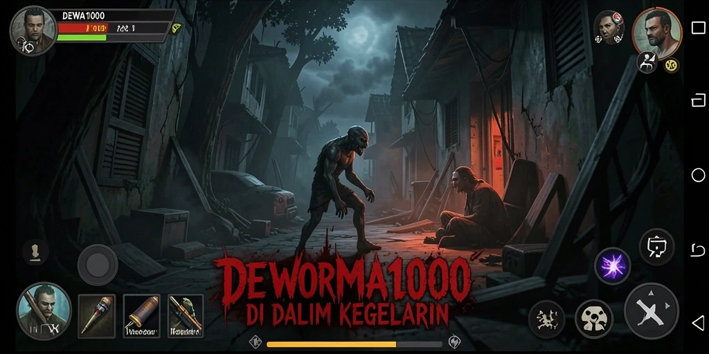 Screenshot gameplay DEWA1000 menampilkan suasana mencekam yang mengerikan.