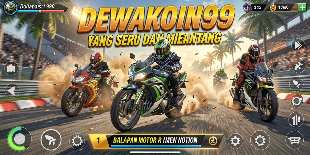 Tampilan gameplay seru DEWAKOIN99 saat balapan motor di trek menantang.