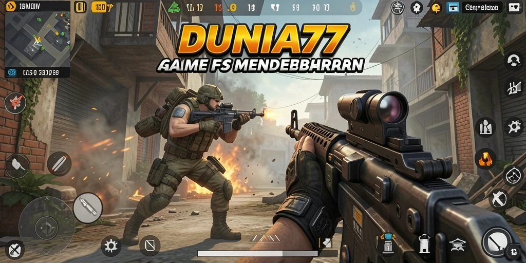 Screenshot gameplay DUNIA77 menampilkan aksi tembak-menembak yang mendebarkan.