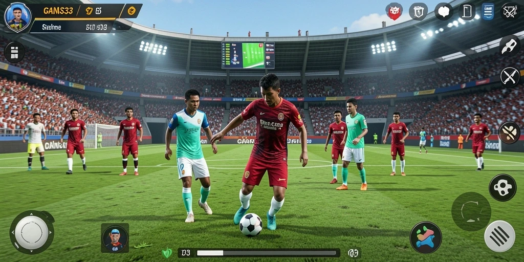 Screenshot gameplay GANAS33 yang menunjukkan aksi sepak bola mendebarkan.
