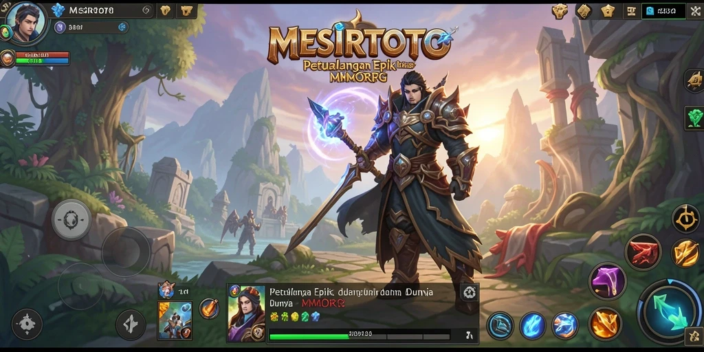 Tangkapan layar gameplay <strong>MESIRTOTO</strong> menampilkan pertarungan epik dan eksplorasi dunia fantasi.