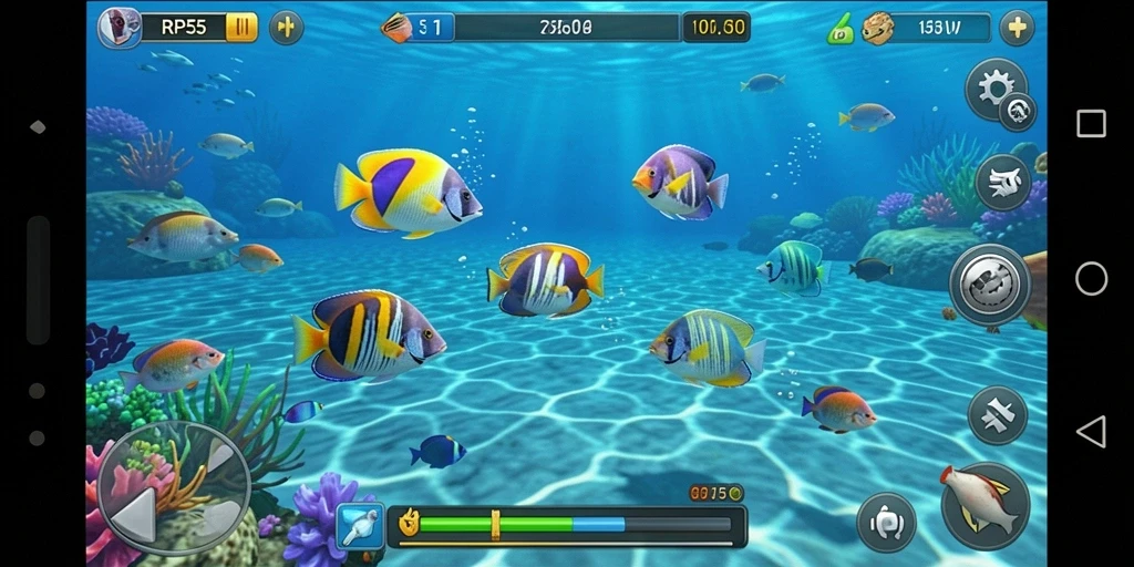 Screenshot utama RP55 menampilkan aksi seru menembak ikan.