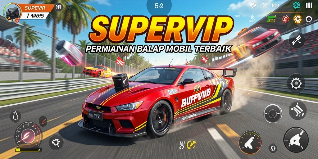 Screenshot utama SUPERVIP menampilkan aksi balap yang mendebarkan.