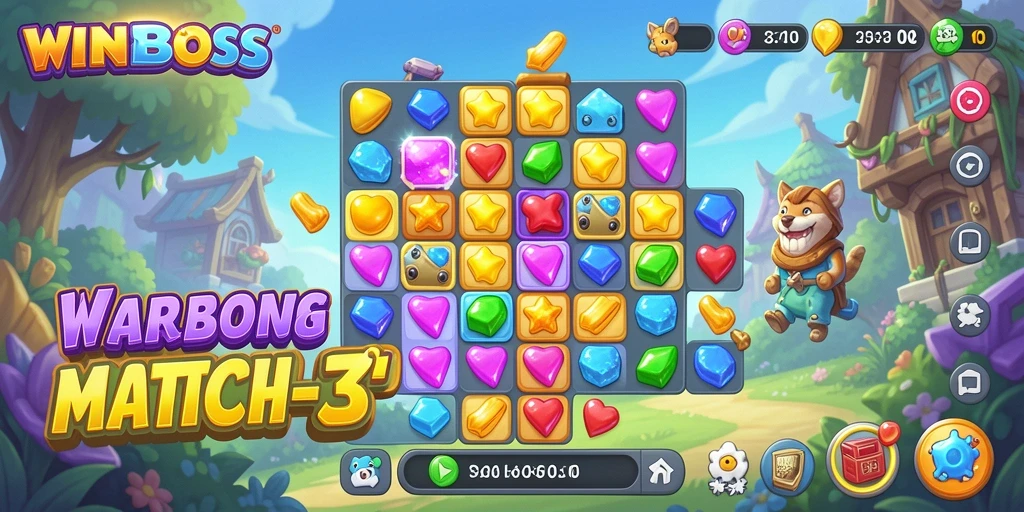 Tangkapan layar gameplay WINBOSS yang menunjukkan momen seru dalam mencocokkan permata.